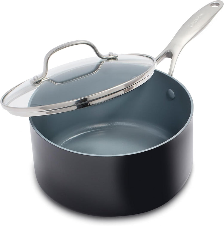 GreenPan Valencia Pro Hard Anodized Healthy Ceramic Nonstick 2QT Saucepan Pot with Lid, PFAS-Free, Induction, Dishwasher Safe, Oven Safe, Gray