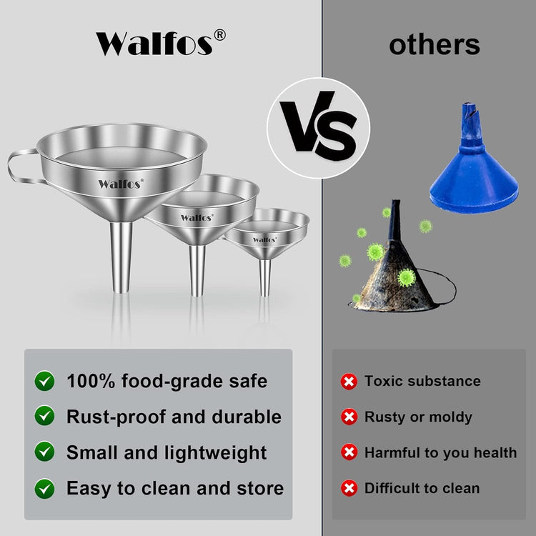 Stainless Steel Funnel, Walfos 3 Pack Kitchen Funnel with 2 Removable Strainer & 1Pcs Cleaning Brush, Perfect for Transferring of Liquid, Oils, Jam, Dry Ingredients & Powder