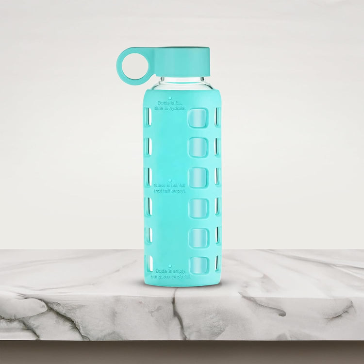 purifyou 40oz / 32oz / 22oz / 12oz Borosilicate Glass Water Bottle with Time & Volume Markers, Silicone Sleeve, Stainless Steel Lid – Reusable Glass Bottle for Water & Juice (12oz Aqua Blue)