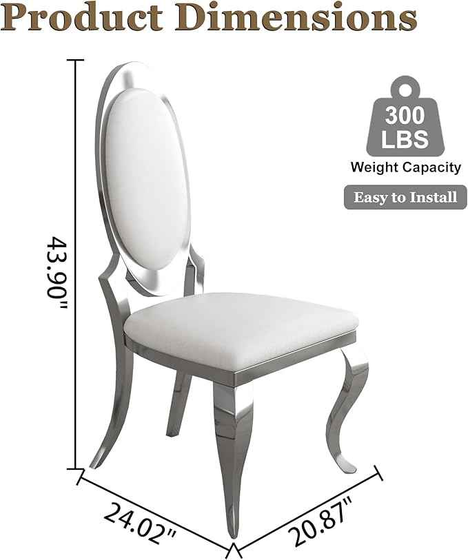 Modern Dining Chairs Set of 2, Luxury Faux Leather Upholstered Armless Dining Room Chair with Mirrored Stainless Steel Silver Legs, Mid Century Accent for Wedding Party Banquet Reception, White