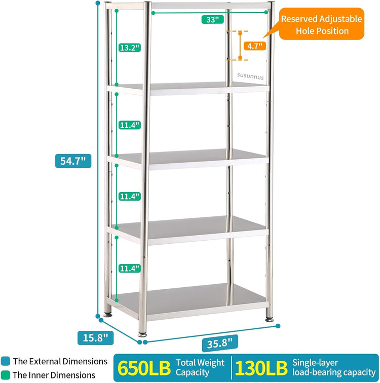 susunnus 5-Tier Stainless Steel Shelf, Heavy Duty Shelving for Kitchen, Garage, Industrial Storage, Kitchen Shelves Adjustable Feet, Easy to Clean (5T-35.8in*15.8in(Without guardrails))