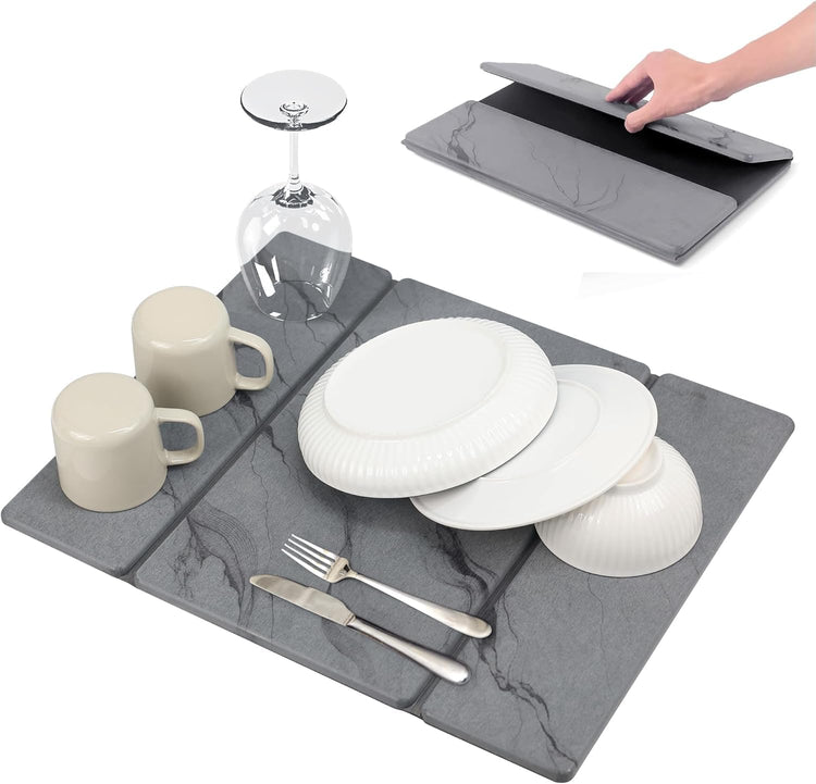 Quick Dry Collapsible Dish Drying Mat, Eco-Friendly Absorbent Diatomaceous Earth Mats for Dishes Bottles Cups 20"×16"Large Stone Dish Drying Mats for Kitchen Counter (Gray, 20"(L)×16"(W))