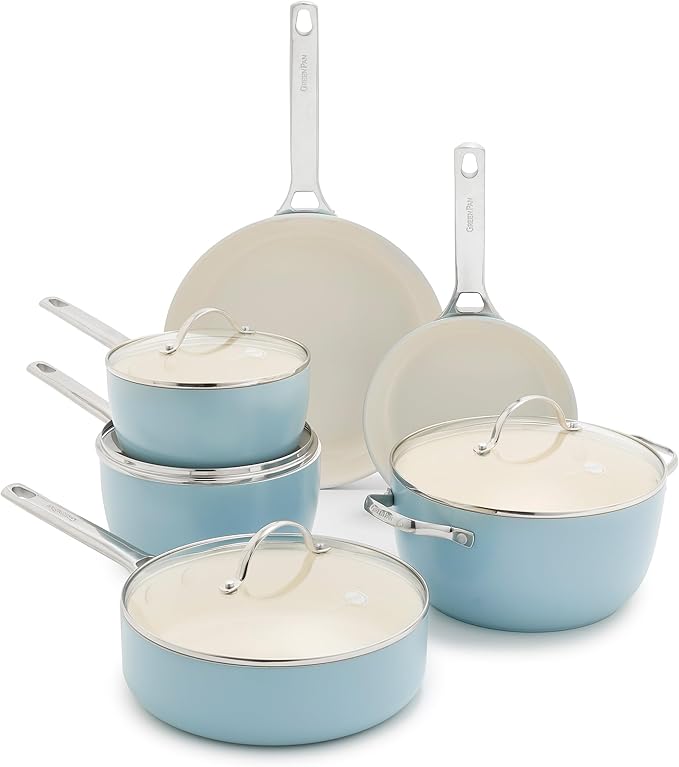 GreenPan Padova Pro 10 Piece Cookware Pots and Pans Set, Hard Anodized Healthy Ceramic Nonstick PFOA and PFAS-Free, Induction Suitable, Stainless Steel Handles, Dishwasher and Oven Safe, Blue Haze