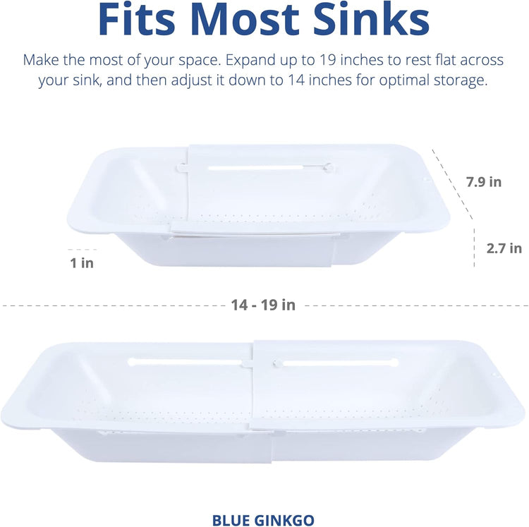 BLUE GINKGO Sink Colander Baskets - (Pack of 2) Wash Vegetables and Fruits, Drain Cooked Pasta and Dry Dishes - Extendable - New Home Kitchen Essentials (2 White)