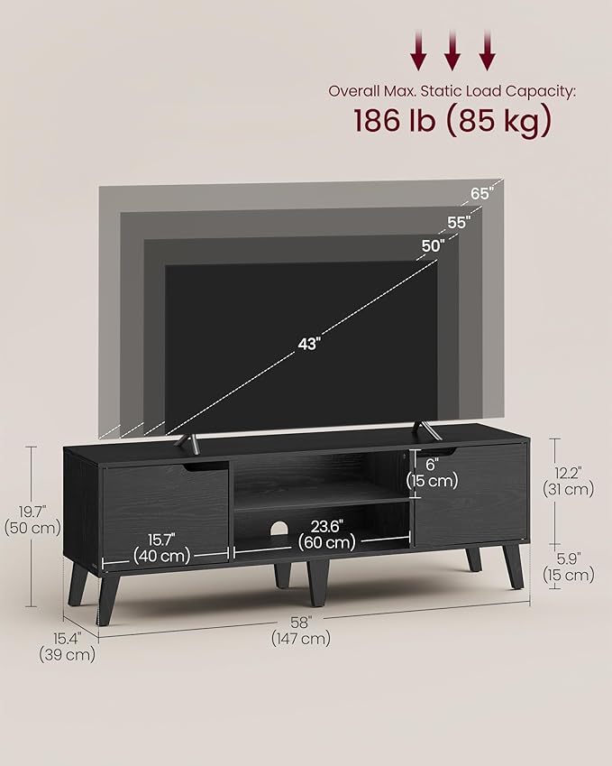 VASAGLE TV Stand for 65-Inch TVs, Entertainment Center with Adjustable Shelf, 58-Inch Long Media Console Table, Transitional Style, for Living Room, Bedroom, Ebony Black ULTV556B01