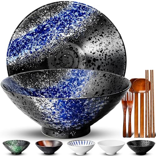 8 Inch Ramen Bowl Set 2 Large Japanese Bowls Ceramic Microwavable 8pcs (Blue / 8 INCH 2 Set)