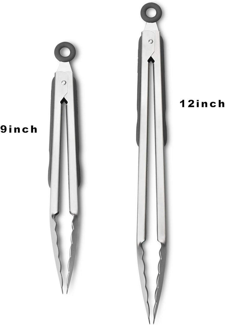 304 Stainless Steel Kitchen Cooking Tongs, 9" and 12" Set of 2 Sturdy Grilling Barbeque Brushed Locking Food Tongs with Ergonomic Grip, Grey
