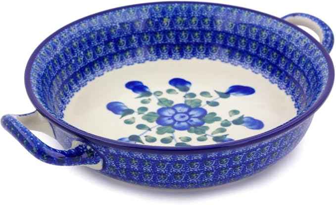 Polmedia Polish Pottery Round Baker with Handles - Blue Poppies Pattern Handmade in Boleslawiec Poland by Ceramika Artystyczna + Certificate of Authenticity