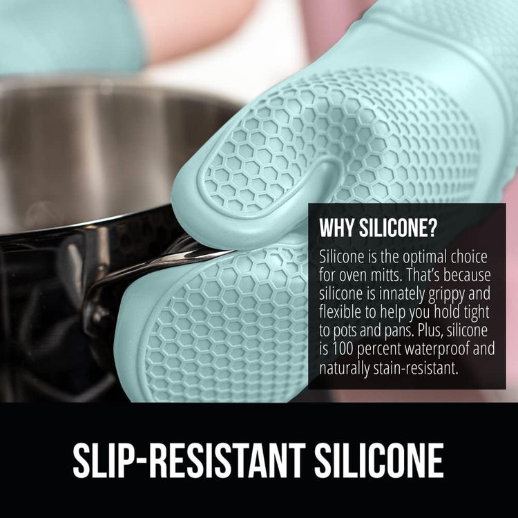 GORILLA GRIP BPA-Free Soft Silicone Oven Mitts, 14.5x8.3, Heat Resistant and Waterproof Cooking Gloves, Thick Cotton Lining, Flexible Gripping for Baking Grilling, Kitchen Potholders Set of 2, Mint
