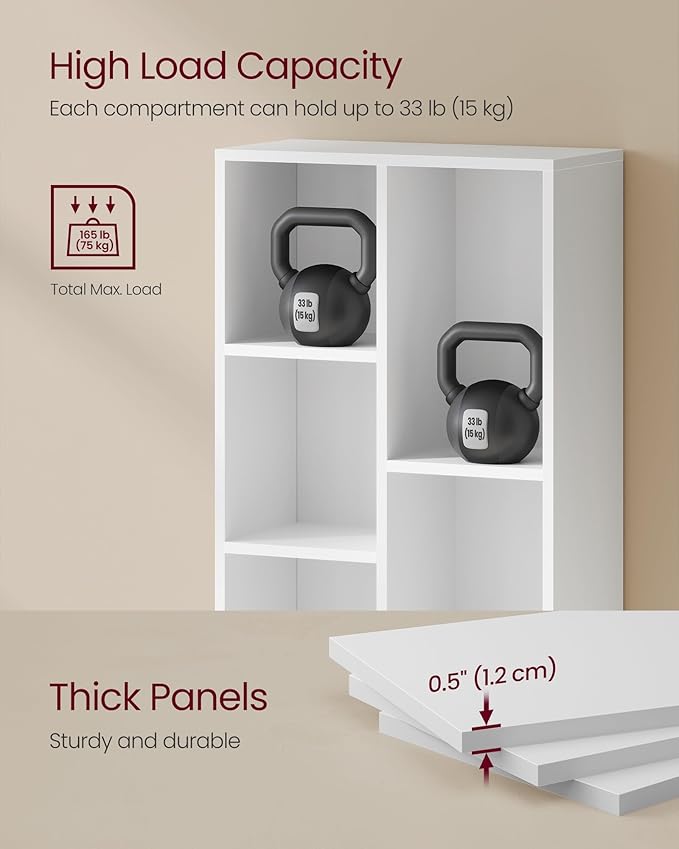 VASAGLE Set of 2 Bookcases, Bookshelves, 5 Compartments, Freestanding Shelves and Cube Organizers, Display Shelves for Small Spaces, for Living Room, Bedroom, and Home Office, Cloud White ULBC25WT-2
