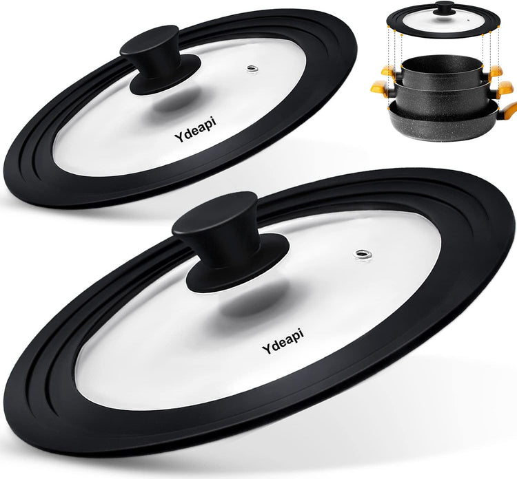 Universal Lids for Pots, Pans & Skillets - Fits 6.5", 7" & 8" Diameter, 9.5", 10" & 11" Diameter Cookware,Tempered Glass with High Heat Resistant Silicone Rim-2PK Cookware(2PK)