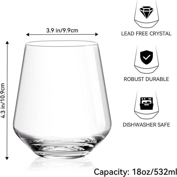 Physkoa Stemless Wine Glasses Set of 6 – 18oz Modern Crystal Glass, Lightweight & Dishwasher Safe | Red & White Wine Glasses for Daily Use, Parties, Housewarming or Birthday Gift