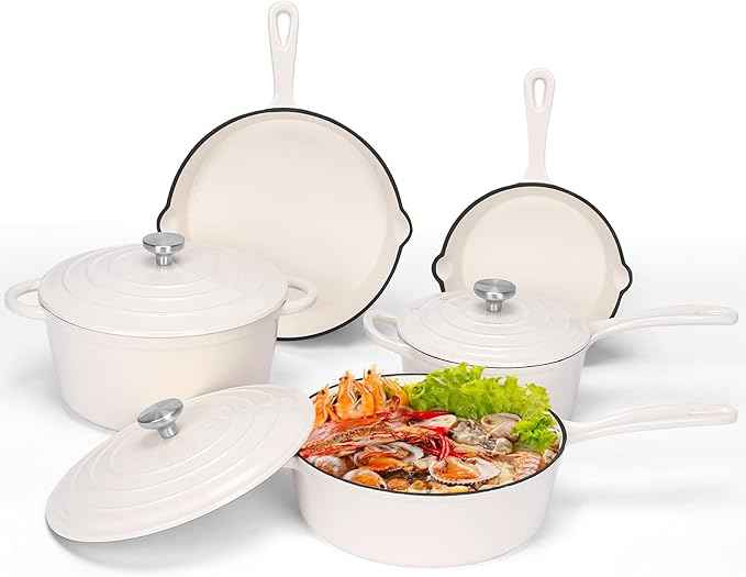 QuliMetal Nonstick Enameled Cast Iron Cookware Set, 5-Piece Pots and Pans Set with Lids, Skillet, Frying Pan, Saucepan & Dutch Oven for All Stovetops, PFOA Free, Ideal for Sourdough Bread Baking