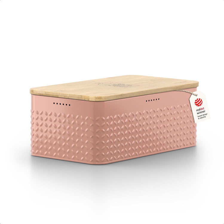 Bread Box I Metal Box with linen bag for long lasting freshness I Bread Bin with bamboo lid usable as cutting board I 13.4x7.3x5.3In