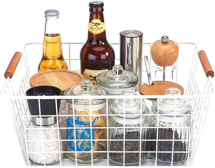 LeleCAT Large white wire baskets with Wooden Handles for storage pantry, Storage Organizer Baskets, Household Refrigerator for Cabinets, Closets, Bedrooms, kitchen - Set of 2(White)