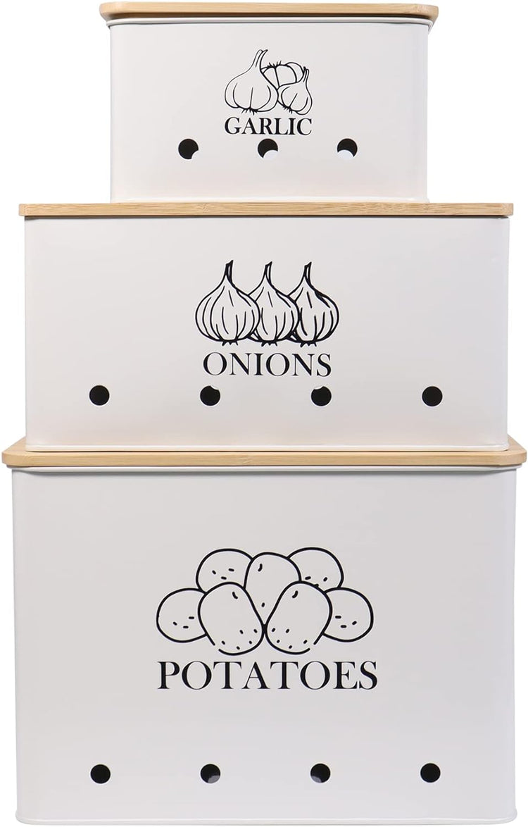 Canister Sets for Kitchen Counter, Kitchen Canisters Set of 3 for Potato Onion Garlic, Kitchen Storage Bin Jars Pots with Aerating Tin Storage Holes & Wooden Lid (White)