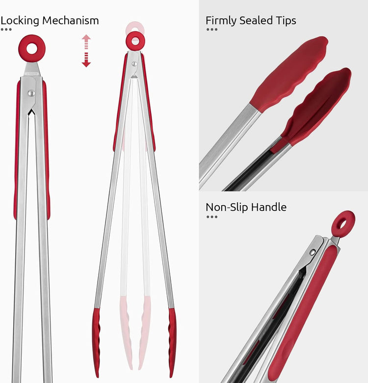 Heat Resistant Silicone Kitchen Tong: U-Taste 16 inch Extra Long Large 480ºF Hot Proof Cooking Tong with Sturdy Non Stick Rubber Tips & Non Slip Silicon Coated Steel Handle for Grilling BBQ (Red)