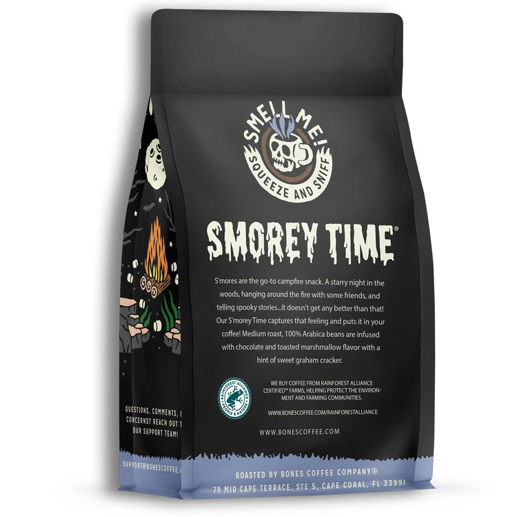 Bones Coffee Company S'morey Time, S'mores and Graham Crackers Flavored Coffee, Medium Roast Low Acid Arabica Beans Compatible with Auto drip and French Press Coffee Maker, 12 Oz Whole Bean