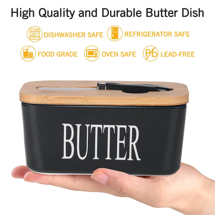 Ceramic Butter Dish with Bamboo Lid and Stainless Steel Knife Spreader