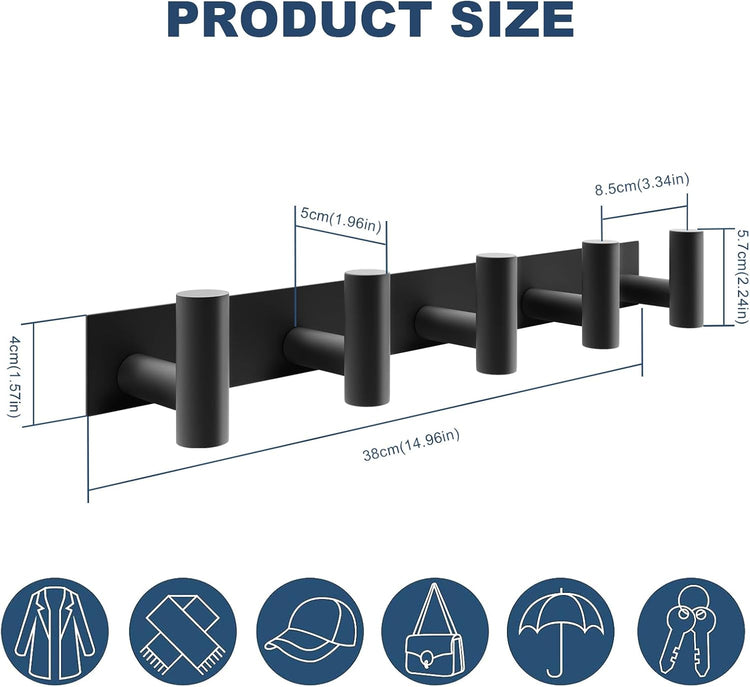 PMMASTO Coat Rack Wall Mounted, 5 "T Shaped Wall Hooks for Hanging, Heavy Duty Stainless Steel Coat Hook Rail for Hat Towel Robes in Bathroom Kitchen Mudroom Entryway (Black, 1 Pack)