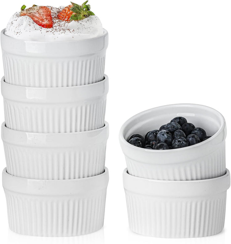 Hasense Ceramic Ramekins, 8 oz Creme Brulee Ramekins Set of 6, Porcelain Souffle Cups for Pudding, Dipping Sauce, Ice Cream, Custard, Ceramic Baking Dish, Dishwashing Safe, White