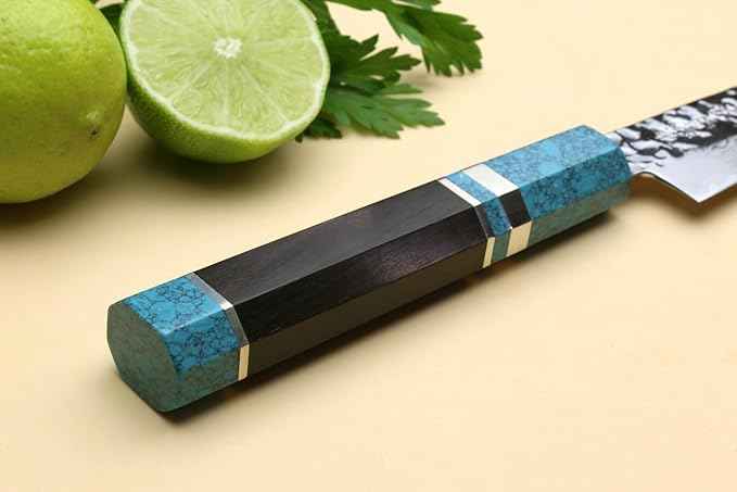 Yoshihiro VG-10 46 Layers Hammered Damascus Petty Utility Japanese Chef Knife Octagonal Turquoise Blue Handle (6'' (150mm))