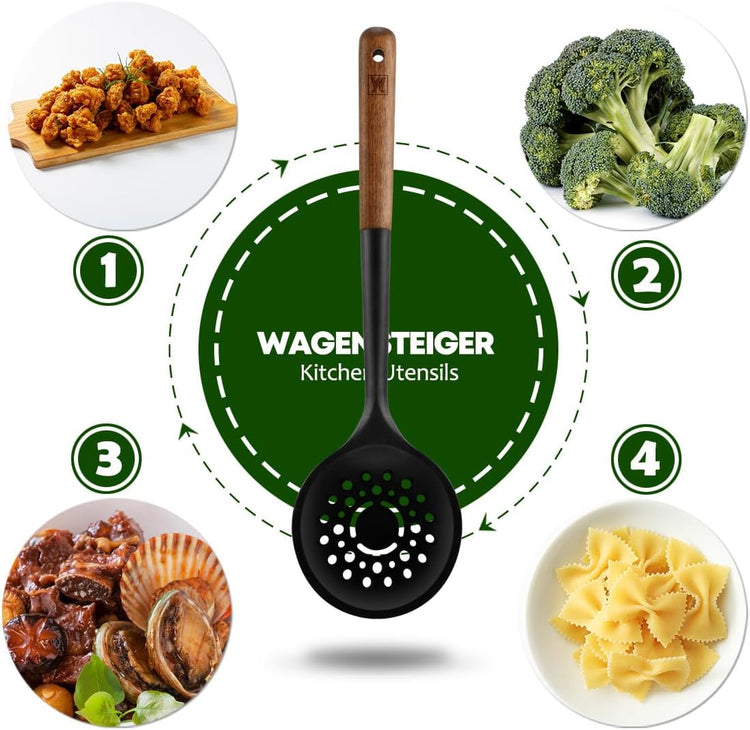 Silicon Cooking Skimmer Ladle with Wooden Handle: Slotted Cooking Spoon for Deep Frying Food, Food Separator, Heat Resistant, BPA Free, Gentle Head Design for Non-Stick Cookware