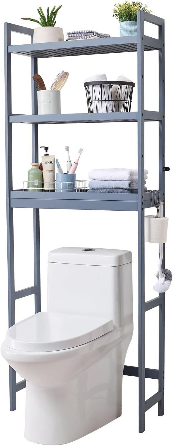 VEVOR Over The Toilet Storage, 3-Tier Adjustable Over Toilet Bathroom Organizer, Bamboo Storage Shelf Rack with 3 Hooks, Freestanding Easy Assembly Laundry Space Saver, Fit Most Toilets, White