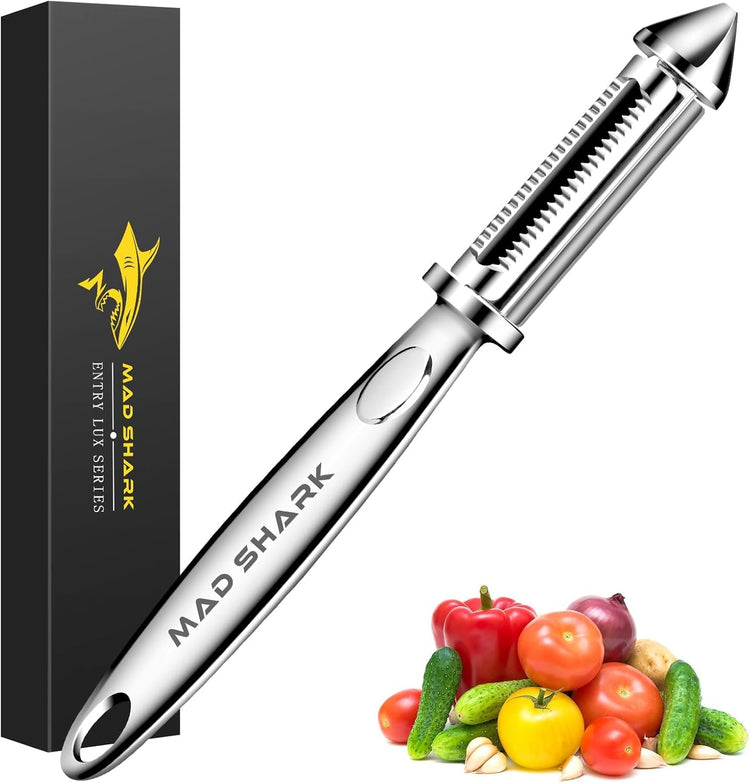MAD SHARK Vegetable Peeler for Kitchen, Potato Peeler, Fruit Carrot Veggie Peelers, Design with Ergonomic Non-Slip Handle, I-Shaped Stainless Steel Serrated(Flat/Serrated Blade 2 in 1)