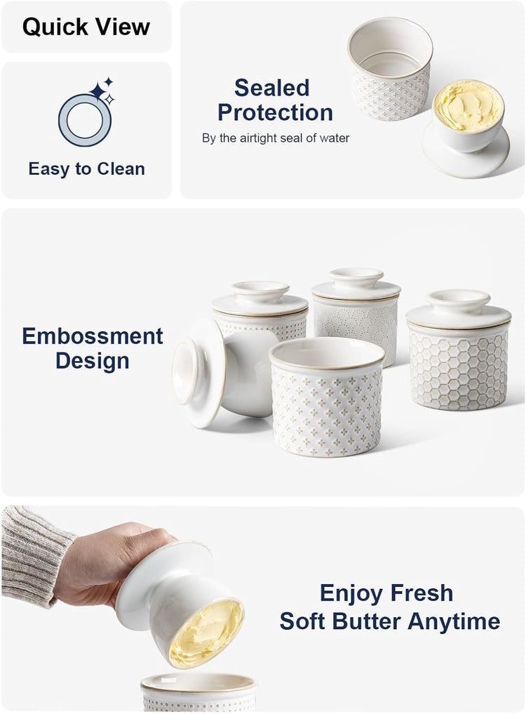 LE TAUCI Butter Crock, Butter Dish with Lid, Butter Container for Counter with Water Line, Embossed French Butter Keeper for Spreadable Butter, Suit For Housewarming - Set of 1, Arctic White,Fireworks