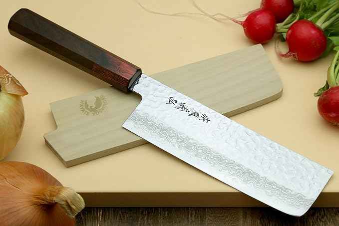 Yoshihiro VG10 46 Layers Hammered Damascus Nakiri Japanese Vegetable Knife (6.5'' (165mm) Rosewood Handle)