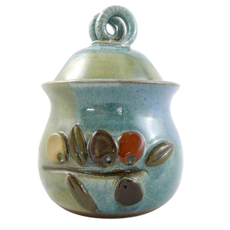 American Made Stoneware Pottery Garlic Keeper Jar with Olive Motif