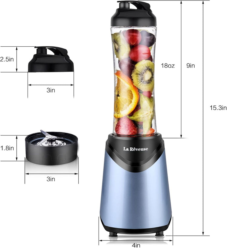 La Reveuse Smoothies Blender Personal Size 300 Watts with 18 oz BPA-free Portable Travel Sports Bottle (Light Blue)