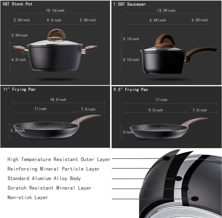 Pots and Pans Set Non Stick, Ceramic Cookware Set with Granite Pattern Kitchen Cooking Sets Induction Pot and Pan w/Frying Pans, Saucepans, Casserole, Non-Toxic, PTFE/PFOA/PFOS-Free, Black