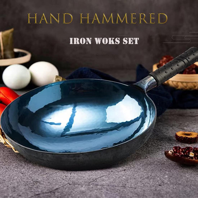 shuoguoleilei Chinese Hand Hammered Iron Woks Set, Non-stick No Coating Preseasoned Wok Blue Round Bottom Wok Pan For Electric, Induction and Gas Stoves (Blue Black-13)