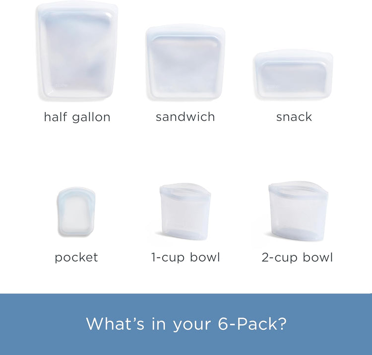Stasher Premium Silicone Reusable Food Storage Bags, 6-Pack, Clear, Multi-Use Food Storage Bags, Lunch Bag, Travel Containers, BPA Free, Leak-free, Dishwasher-Safe, Eco-friendly