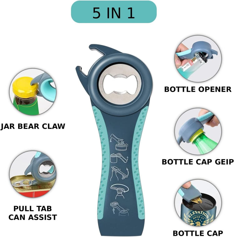 5-in-1 Canned Food & Bottle Opener for Weak Hands - Easy-Twist Jar Opener for Seniors, Arthritis-Friendly Kitchen Tool (Beer/Soda/Jars)