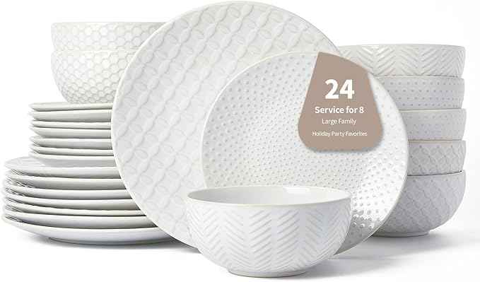 24 Piece Dinnerware Sets for 8, Premium Stoneware Plates and Bowls Sets, Microwave & Dishwasher Safe, Elegant Dishes for Entertaining & Special Occasions โ A Stunning Gift for Large Families