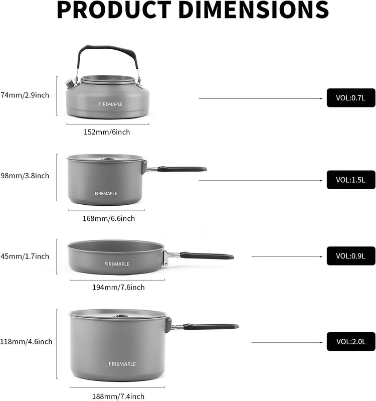 Fire-Maple Feast 4 Piece Camping Cookware Cookware Cookware Kit Outdoor Cookware Set with Pots, Kettle, Saucepans and Spatula for Hiking Fishing Picnic