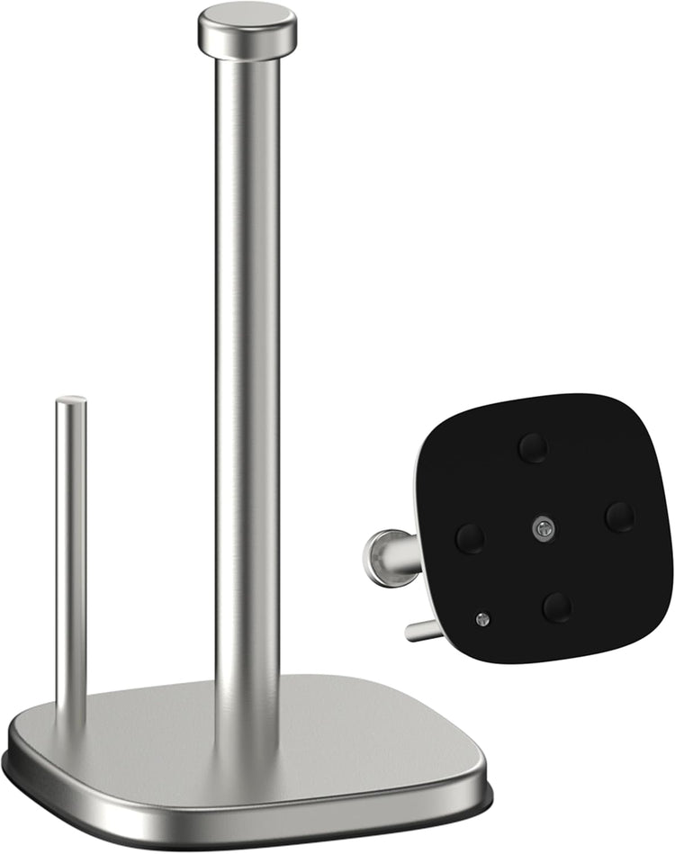 Paper Towel Holder Countertop, Standing Paper Towel Roll Holder for Kitchen Bathroom Organize, Stand with Weighted Base Suction Cups, Stainless Steel One-Handed Operation (Brushed Nickel)