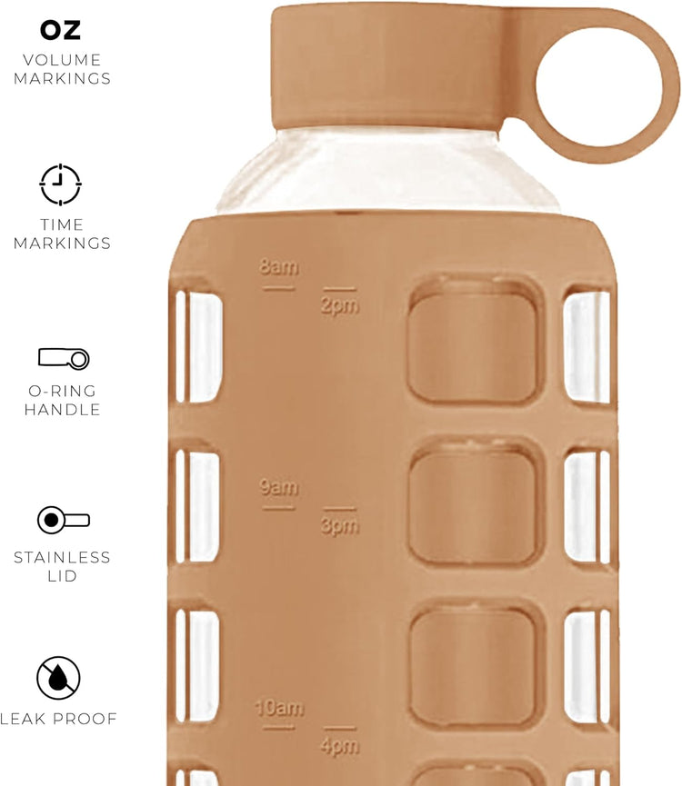 purifyou 40oz / 32oz / 22oz / 12oz Borosilicate Glass Water Bottle with Time & Volume Markers, Silicone Sleeve, Stainless Steel Lid – Reusable Glass Bottle for Water & Juice (32oz Iced Coffee)