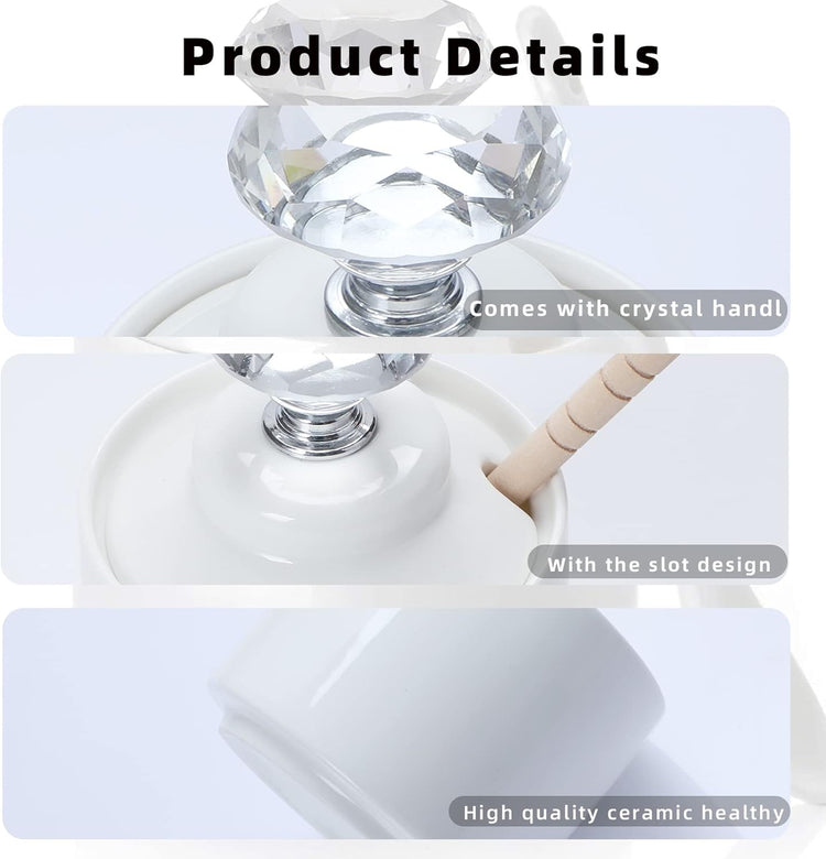 Ceramic Honey Jar with Dipper and Crystal Lid, Small Honey Pot for Home Kitchen, 8oz (Silver)