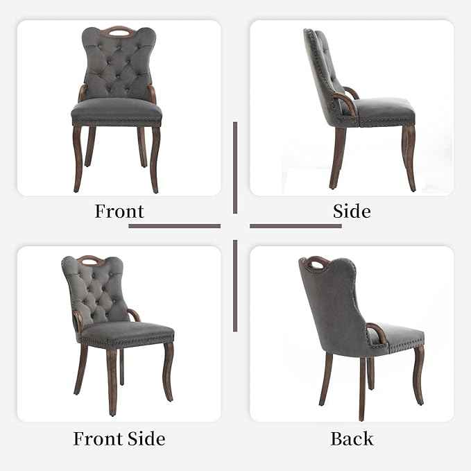 Grey Velvet Dining Chairs Set of 4,Modern Upholstered Dining Room Chairs with Tufted Back and Wood Accents, Curved Solid Wood Legs & Nailhead Trim, Sillas De Comedor Modernas 4