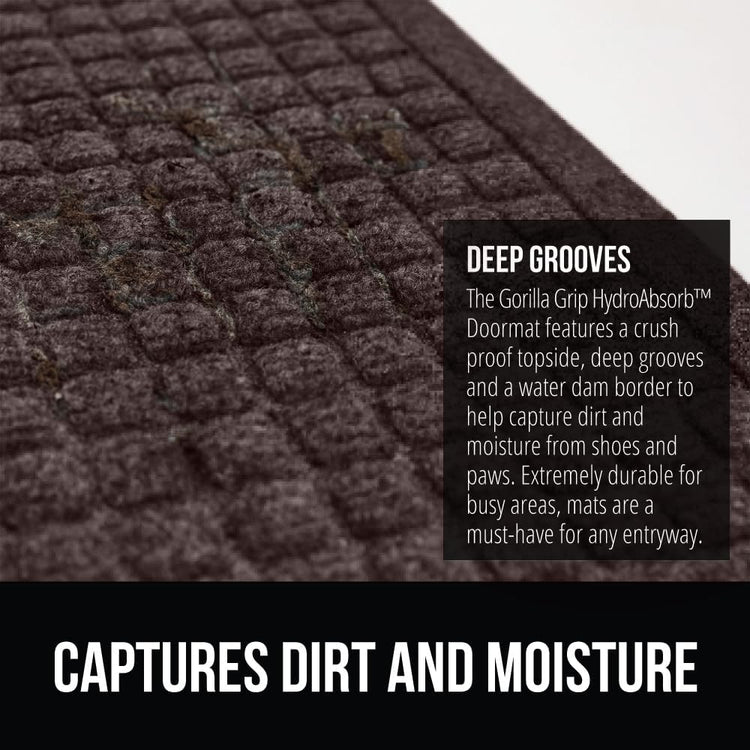 GORILLA GRIP Front Door Mat, Indoor Outdoor Ultra Absorbent HydroAbsorb Doormat, Absorbs Up to 1.7 Cups of Water, Stain and Fade Resistant, Rubber Backing Doormats, Captures Dirt, 29x17 Coffee