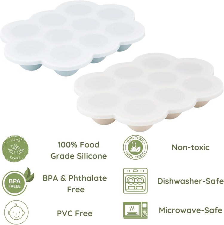PandaEar 2 Pack Baby Food Freezer Tray with Lids, Silicone Baby Food Storage Container for Homemade Baby Food, Fruit, Purees and Breastmilk (Blue/Tan)