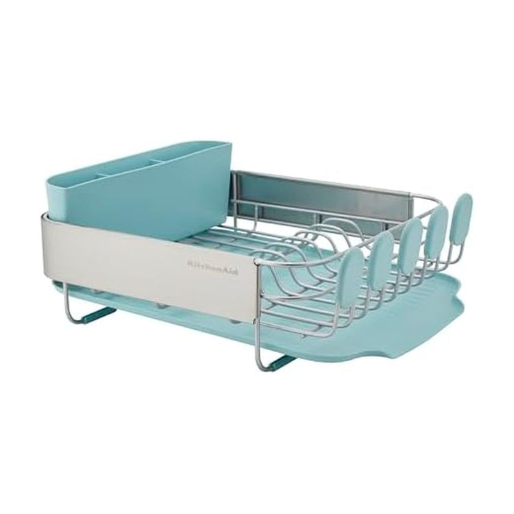 Compact Space Saving Rust Resistant Dish Rack with Removable Flatware Caddy and Angled Self Draining Drainboard