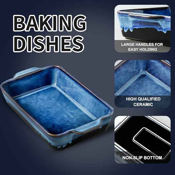 KOOV Bakeware Set, Ceramic Baking Dish, Rectangular Casserole Dish, Lasagna Pan, Baking Pans for Cooking, Cake Dinner, Kitchen, 9 x 13 Inches, Reactive Glaze 3-Piece (Nebula Blue)