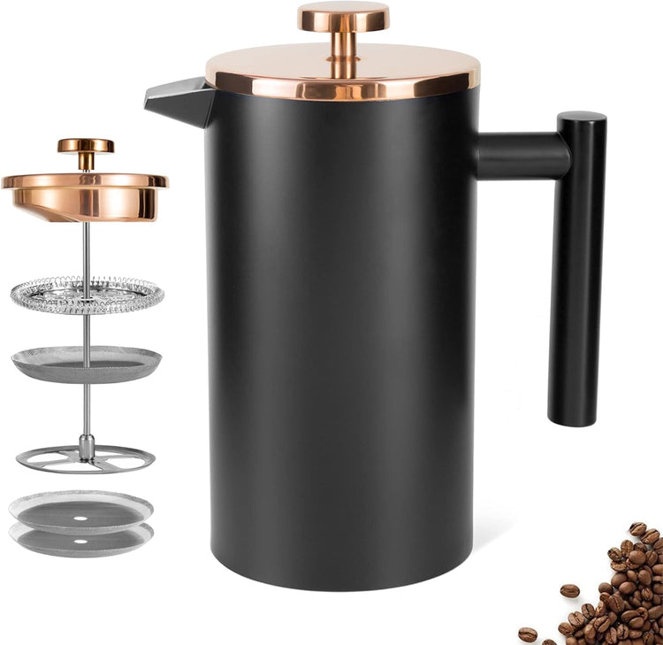 Stainless Steel French Press Coffee Maker 1500ml, Black Double-Wall Insulated Large French Coffee Press for travel camping,Large Capacity (50oz, Black)