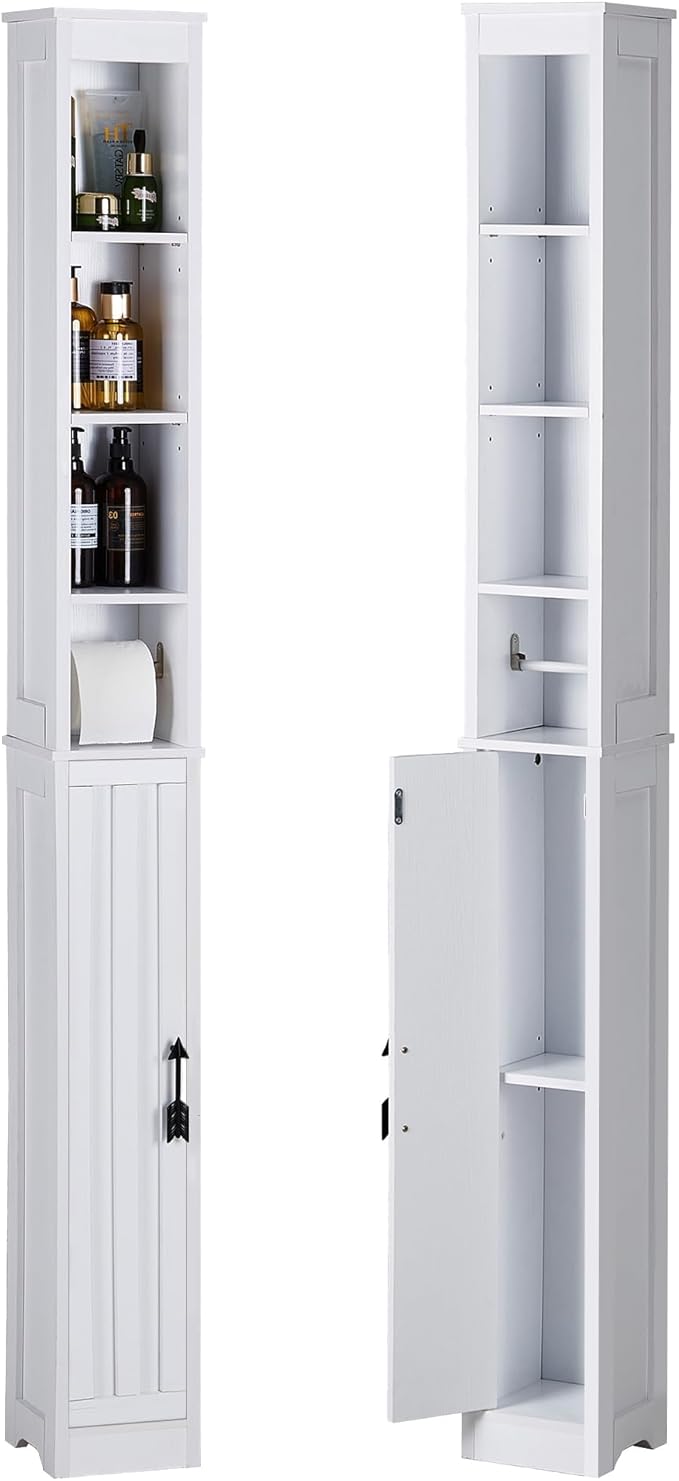 VECELO 71" Tall Bathroom Storage Cabinet, Narrow Storage Cabinet with Adjustable Shelves, Toilet Paper Rod and Magnetic Door, Freestanding Slim Bathroom Storage Cabinets for Small Space, White