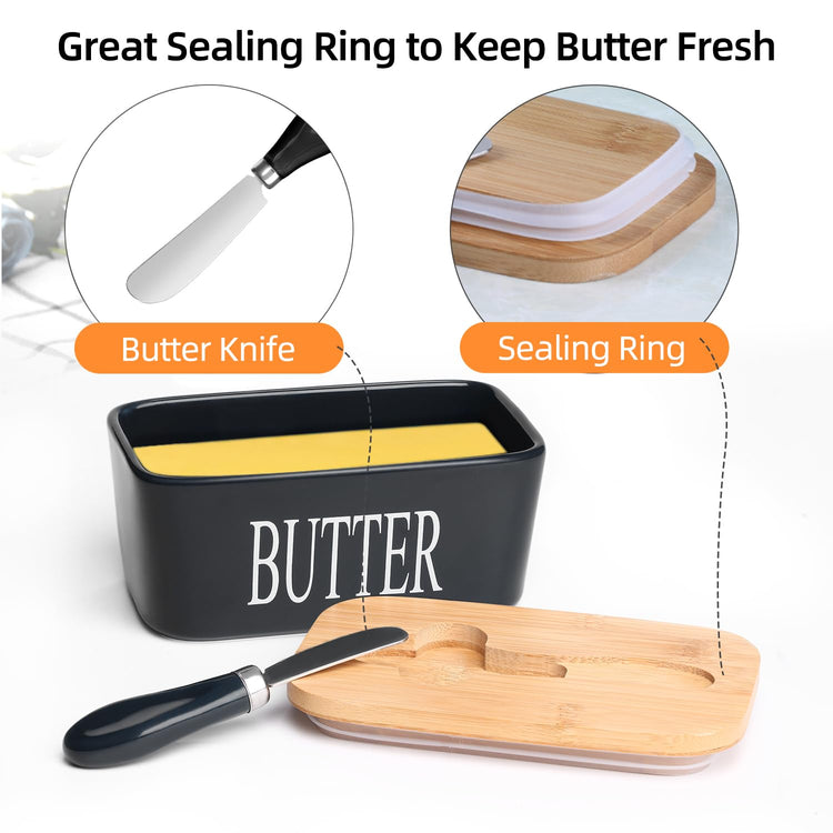 Ceramic Butter Dish with Bamboo Lid and Stainless Steel Knife Spreader